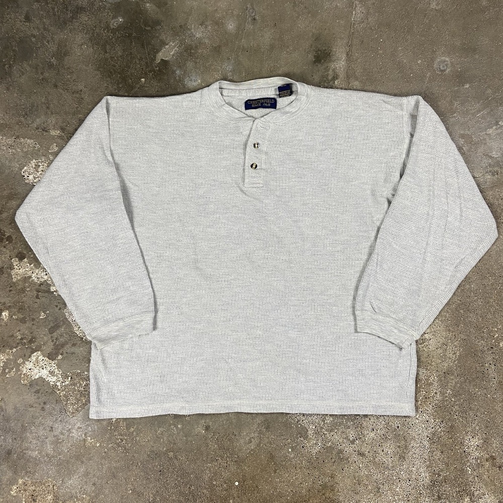 Vintage 90s Chesterfield Henley Shirt Size Large Gray Waffle Knit Pullover